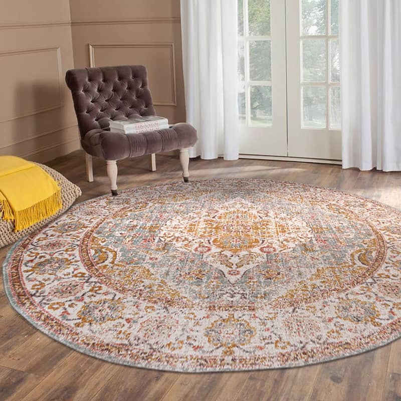 Puxid Power Loomed Distressed Geometric Stain Resistant Area Rug By HomeRoots - 6' Round