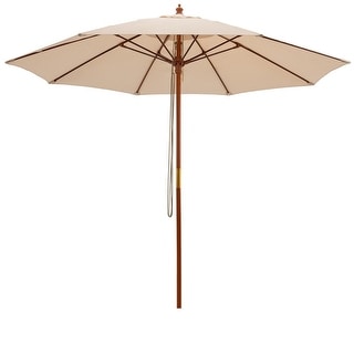 Outsunny 10FT Round Patio Umbrella with Rope Pulley Mechanism, Wooden Market Umbrella, Garden Parasol with 8 Ribs, Dark Green main image 1
