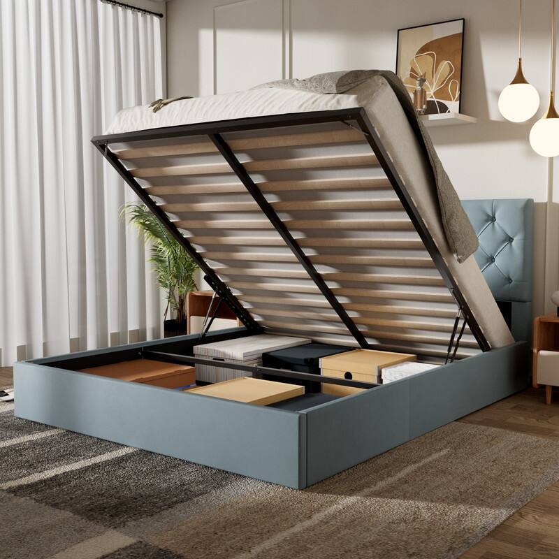 Plywood Frame Upholstered Platform Bed with Lift-up Storage Supported by Metal and Wooden Slats