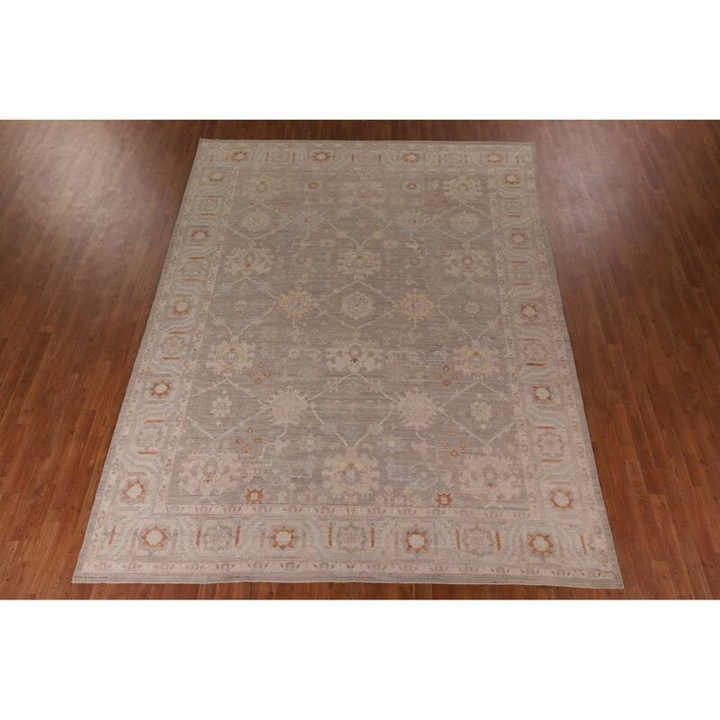 Transitional Oushak Area Rug Hand-Knotted Floral Wool Carpet - 8'9" x 11'7"