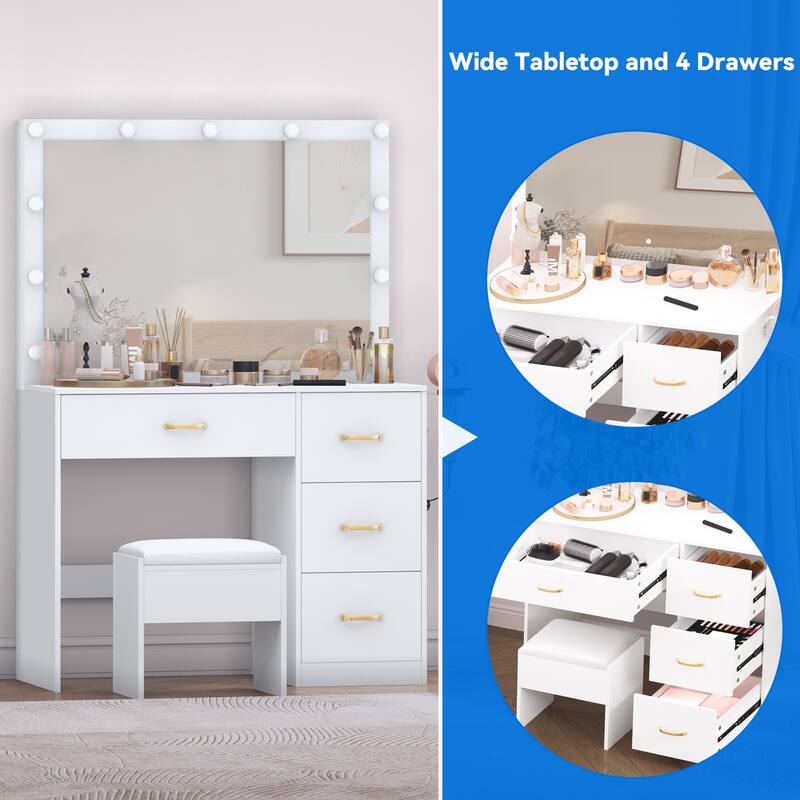 Moasis Vanity Makeup Table Dressing Desk Set w/ Stool 11 LED Lighted Mirror for Bedroom - 35.43''L x 15.74''W x 53.54''H