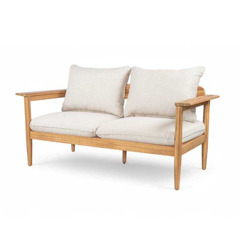 Roomfitters Terassi Outdoor Acacia Wood Loveseat with Wide Armrests, Teak Finish and Beige Cushions - Beige,Light Teak