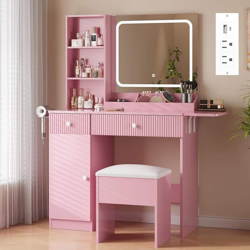 Foldable Panel Makeup Vanity Desk with Lighted Mirror for Compact Space - Pink