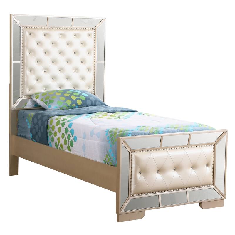 Diamond Tufted Upholstered Mirrored Twin Panel Bed - 80" - Beige
