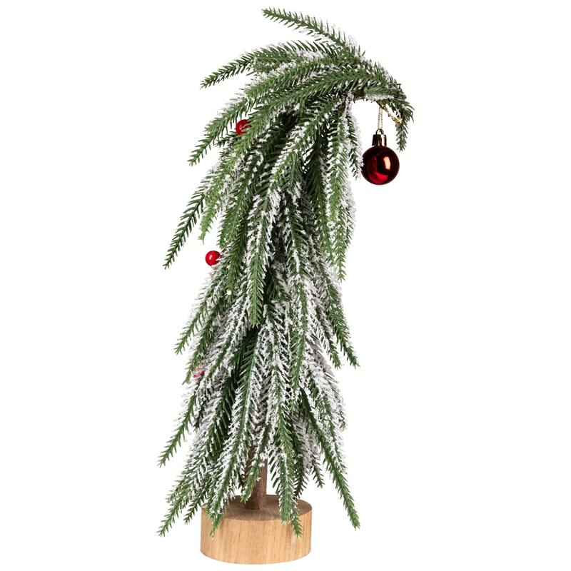 Flocked Curved Artificial Christmas Tree with Red Ornaments - 15"