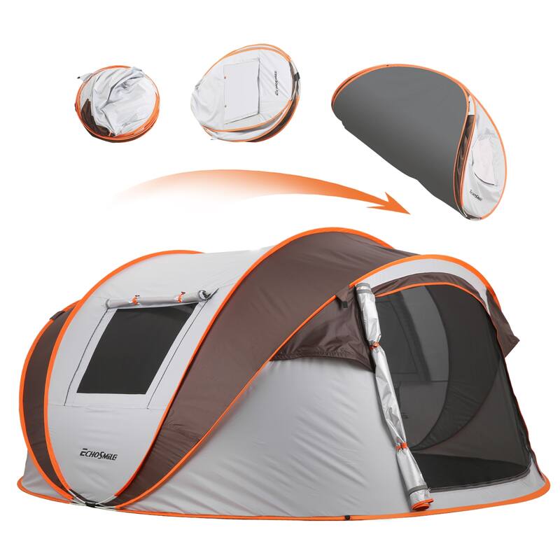 4-6 Persons Pop-Up Boat Tent can fit 2 sleeping bags/pads, with 4 Mesh windows and 2 doors - White+Light Orange