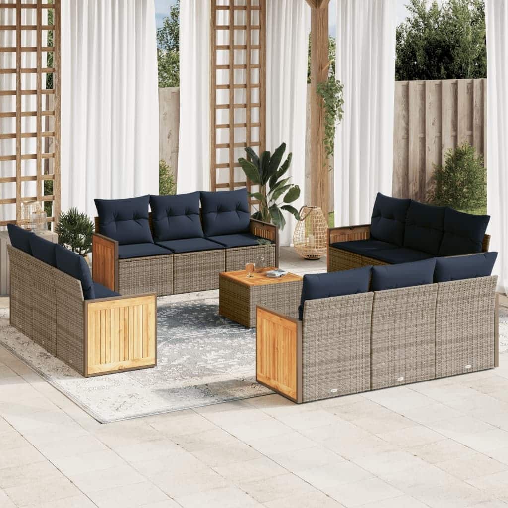 vidaXL 13 Piece Patio Sofa Set with Cushions Gray Poly Rattan - 137x27.2x89.8