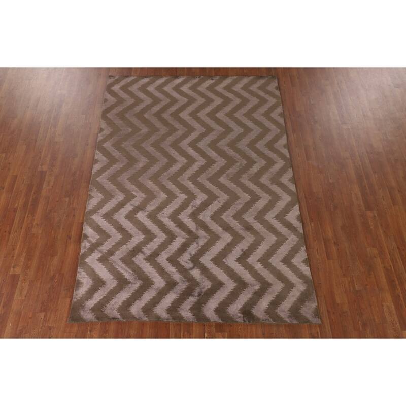 Brown Chevron Style Nepalese Oriental Rug Hand-Knotted Wool Carpet - 6'0" x 8'8"