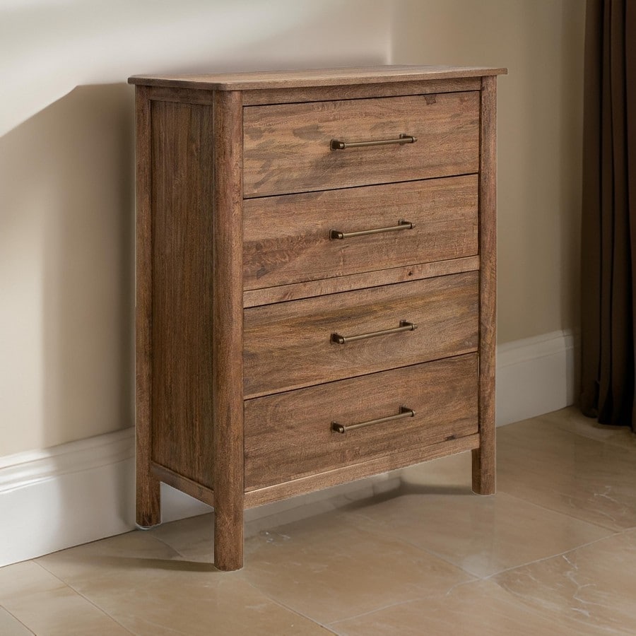 Olum 47 Inch Tall Dresser Chest, 4 Drawers, Gold, Natural Brown Wood Frame