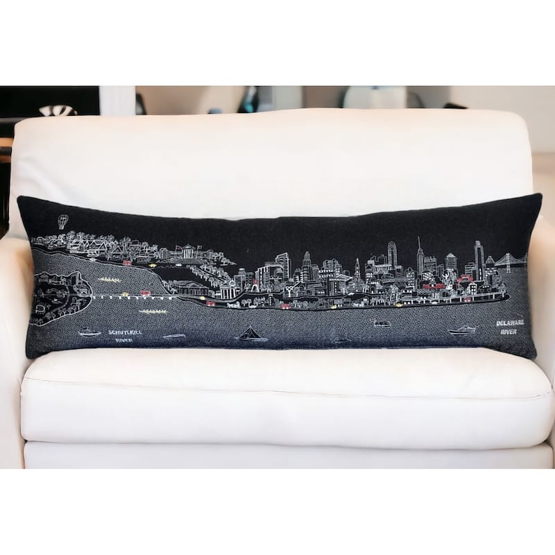 HomeRoots 46" Black Philadelphia Nighttime Skyline Lumbar Decorative Pillow