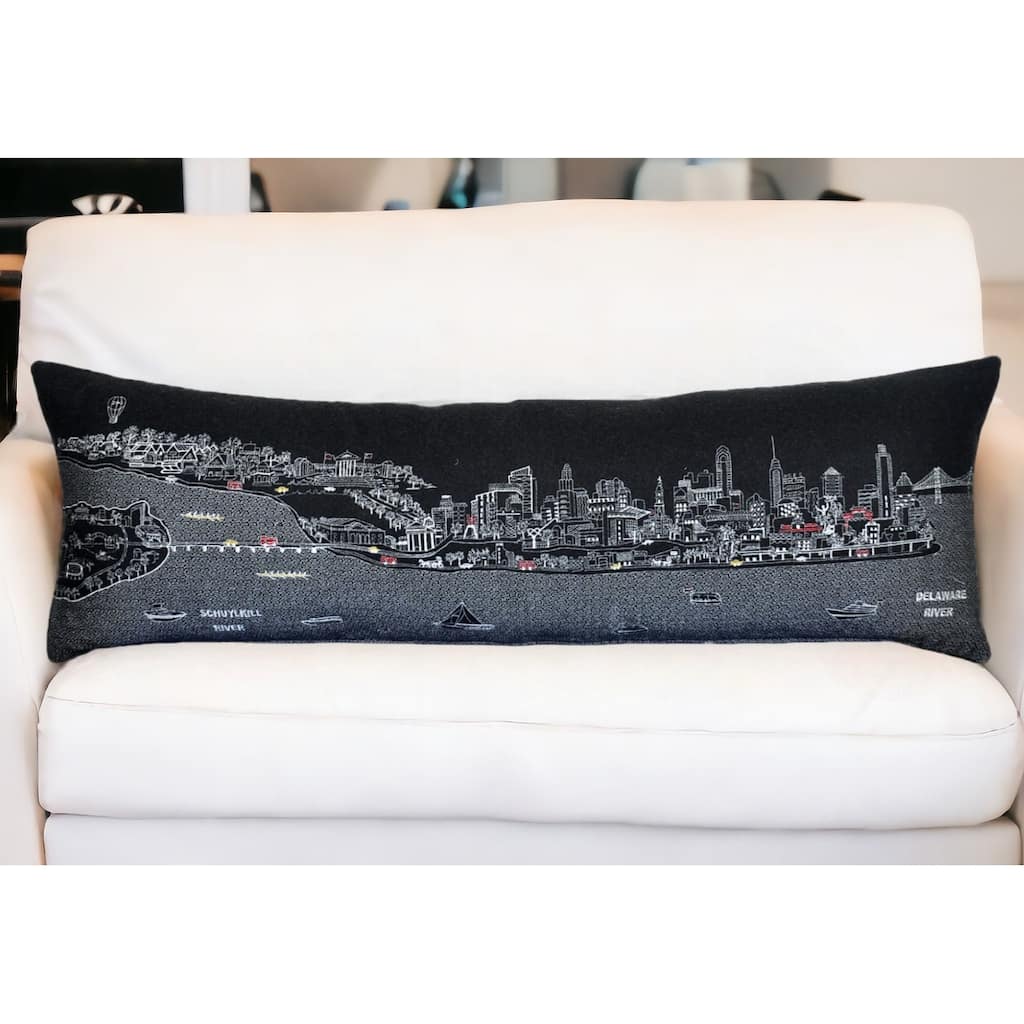 HomeRoots 46" Black Philadelphia Nighttime Skyline Lumbar Decorative Pillow