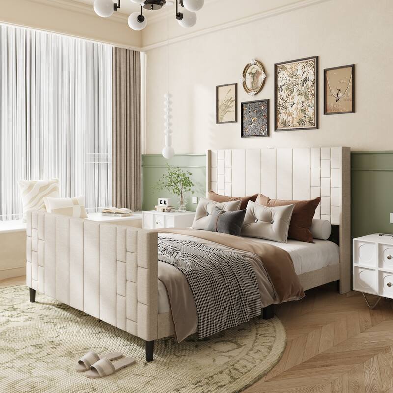 Queen Size Bed Frame Platform with Tall Headboard & Footboard & USB Ports