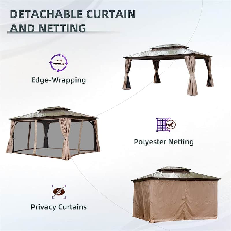 16 ft x 12 ft Outdoor Gazebo with Curtain and Netting Steel Metal Rectangle Screened Roof