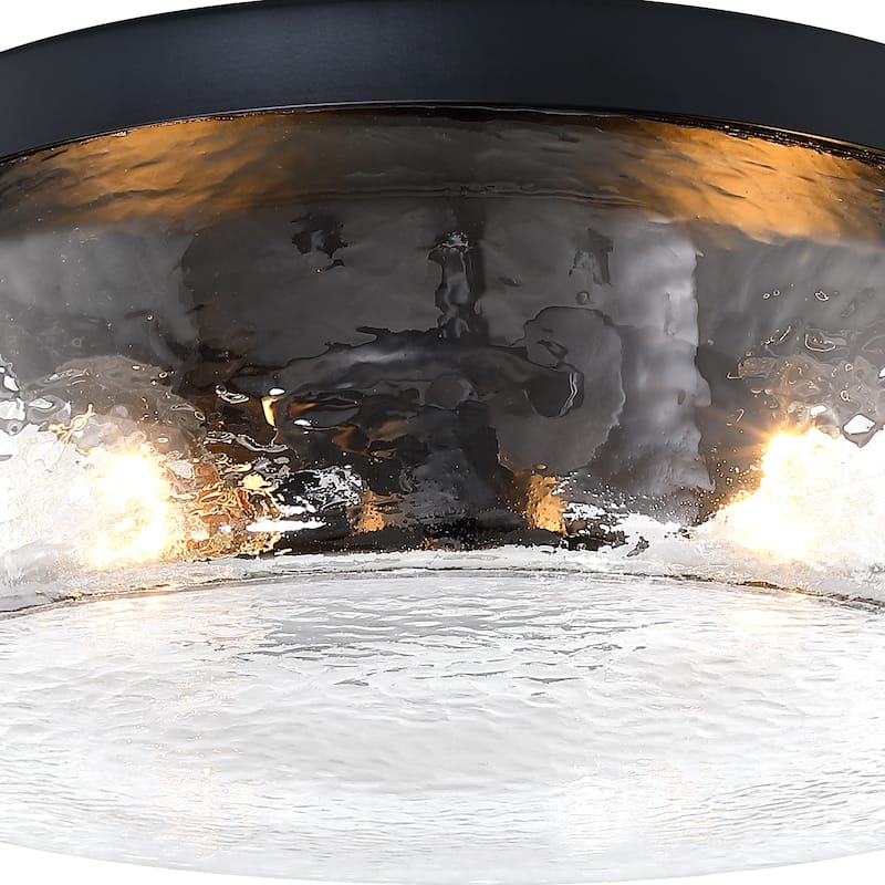 Rose Marie 13 in. 2-Light Matte Black Mid-Century Modern Semi Flush Mount with Clear Rippled Glass Shade for Bedrooms