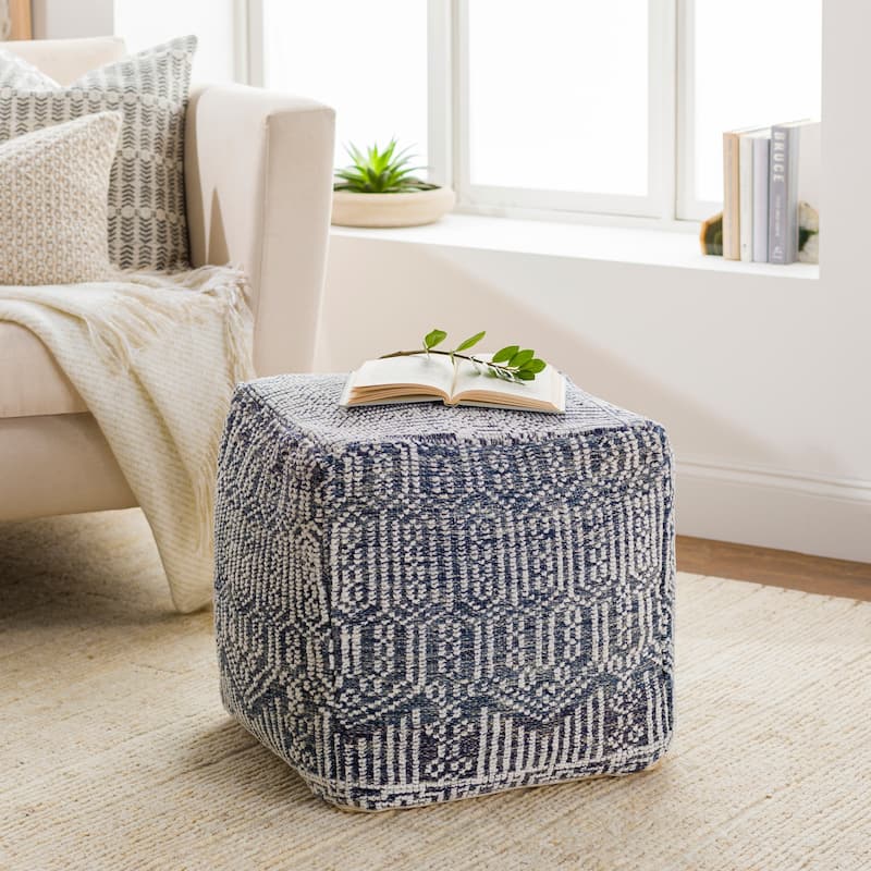 Umair Detailed Geometric Boho Pouf - Pouf - 18"H x 18"W x 18"D - Polystyrene Beads - Navy/White - Single