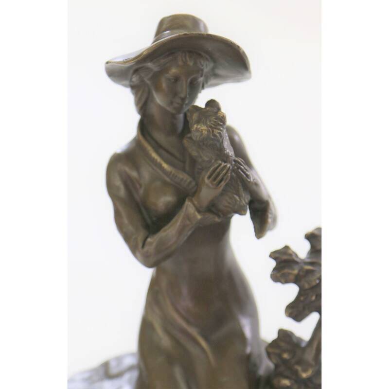 Rare Signed Lady W/ Dog Bronze Statue Figurine Art Deco Sculpture Figure Decor