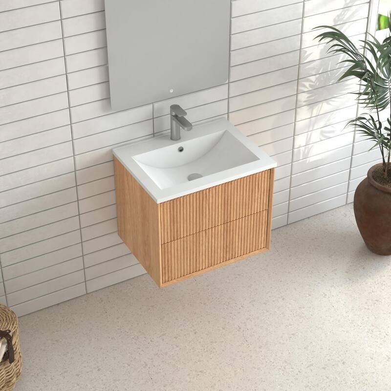 24'' Floating Bathroom Vanity Set, Wall Mounted Bathroom Cabinet with 2 Storage Darwers,White Resin Integrated Basin
