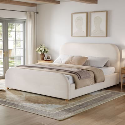 Christopher Knight Home - Thalassa Linen Bed Frame with Curved Headboard and Solid Wood Legs