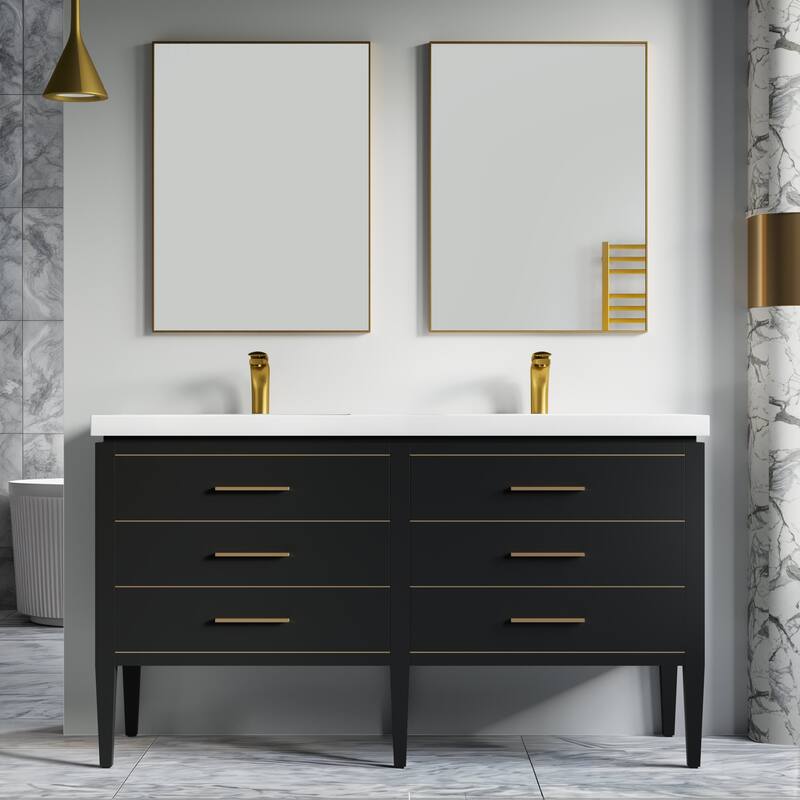 Ayer 60" Double Bathroom Vanity Set - Brass Finish - Black - Brass Trim