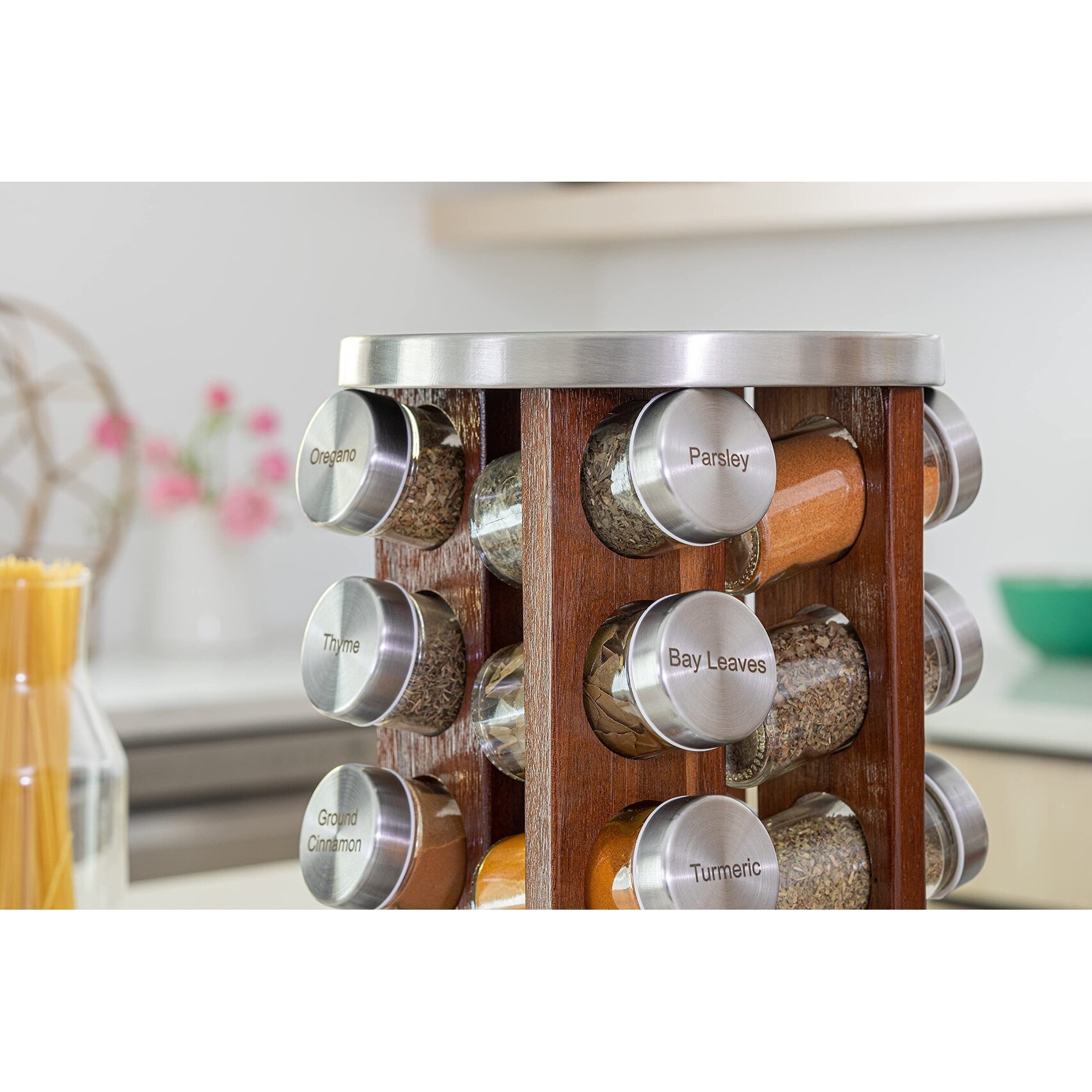 20 Jar Bamboo Spice Rack with Spices Included Rotating Tower Organizer for Kitchen Spices and Seasonings Free Spice Refills