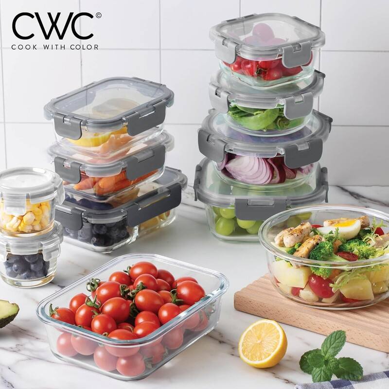 COOK WITH COLOR Premium 32-Pc. Borosilicate Glass Food Container Set with Dividers Leakproof Lids - Meal Prep, Storage