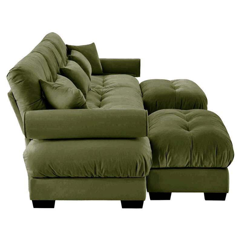 130" Velvet Modular Sectional Sofa with Ottomans & Pillows