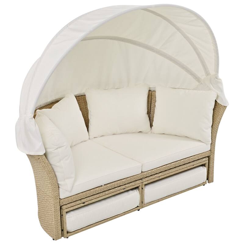 Wicker Rattan Daybed Round Sofa Set with Retractable Canopy and 4 Pillows, Convertible Sofa Bed with 2 Ottoman Chaise Lounge