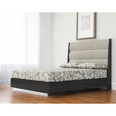 HomeRoots Queen Dark Grey High Gloss Bed Frame with Faux Leather Headboard