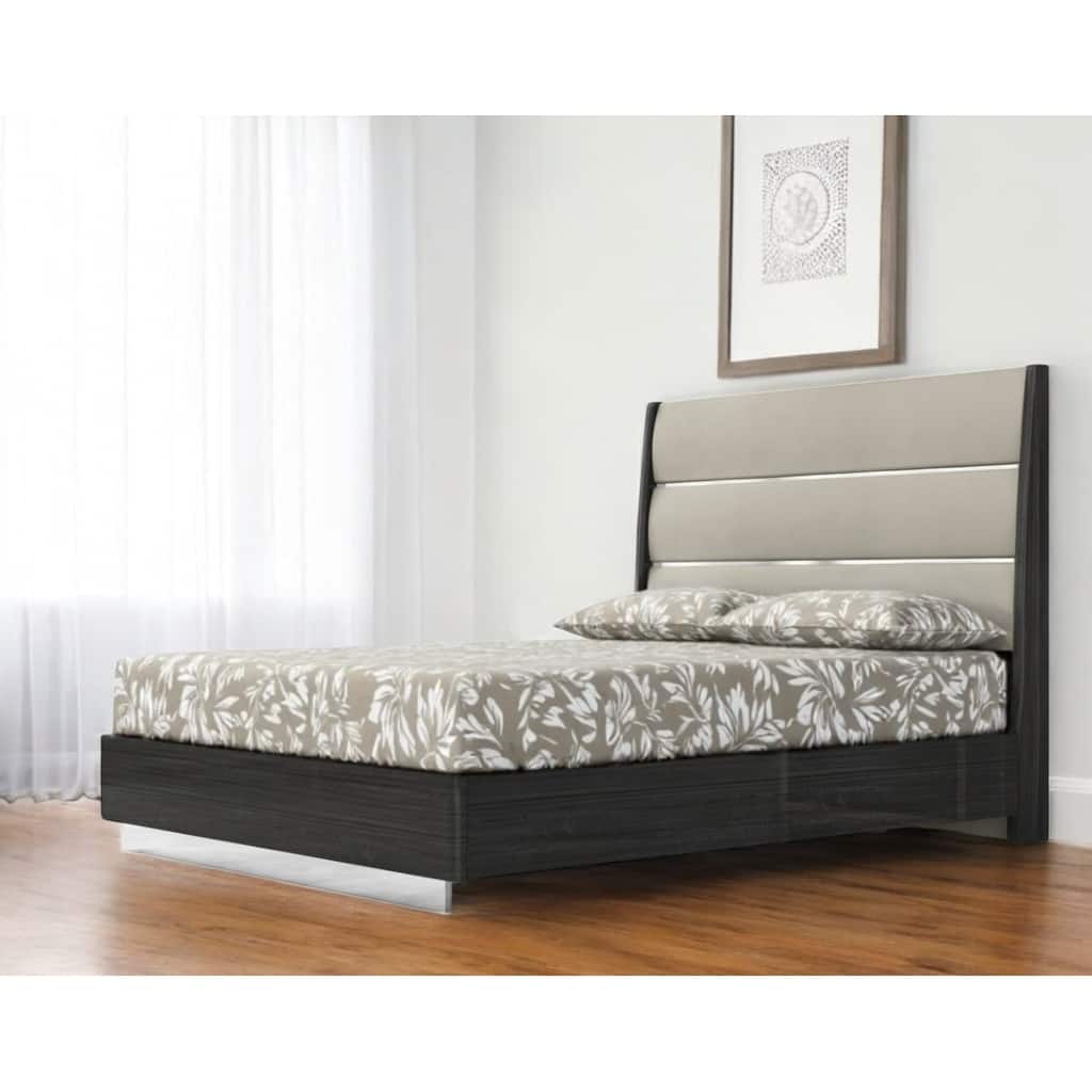 HomeRoots Queen Dark Grey High Gloss Bed Frame with Faux Leather Headboard