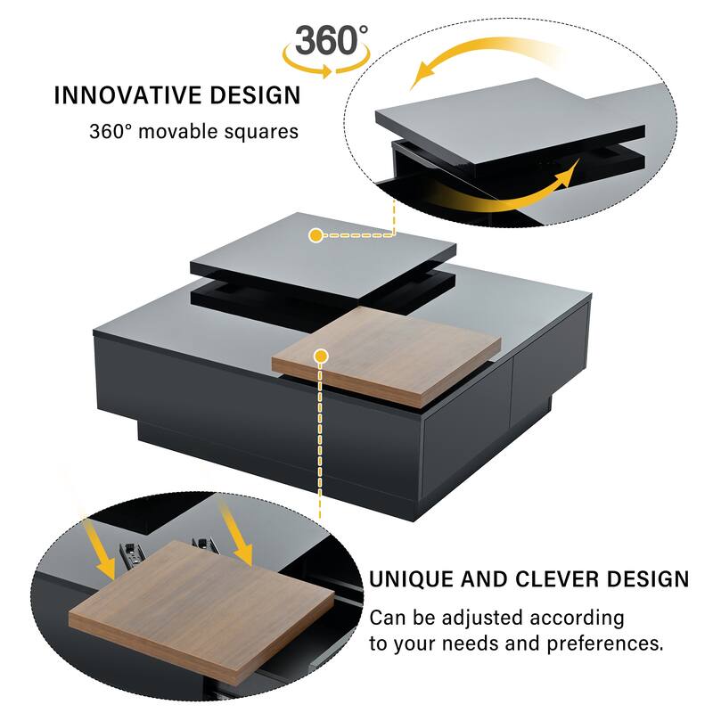 Black Modern Square Wood Coffee Table with Movable Top, High Gloss Finish, 4 Hidden Storage Drawers for Living Room