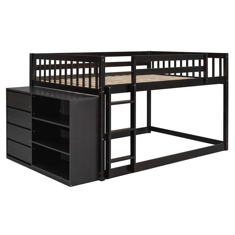 Twin Over Twin/Full Over Full Floor Bunk Bed with Drawers and 3 Storage Shelves, Solid Wood Low Bunk Bed Frame with Ladder