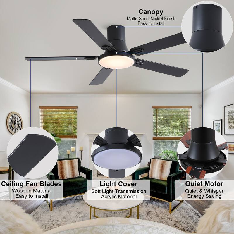 YUHAO AeroLite 48 in. Indoor White Low Profile Standard Ceiling Fan with Bright White Integrated LED Light Kit, Remote Included