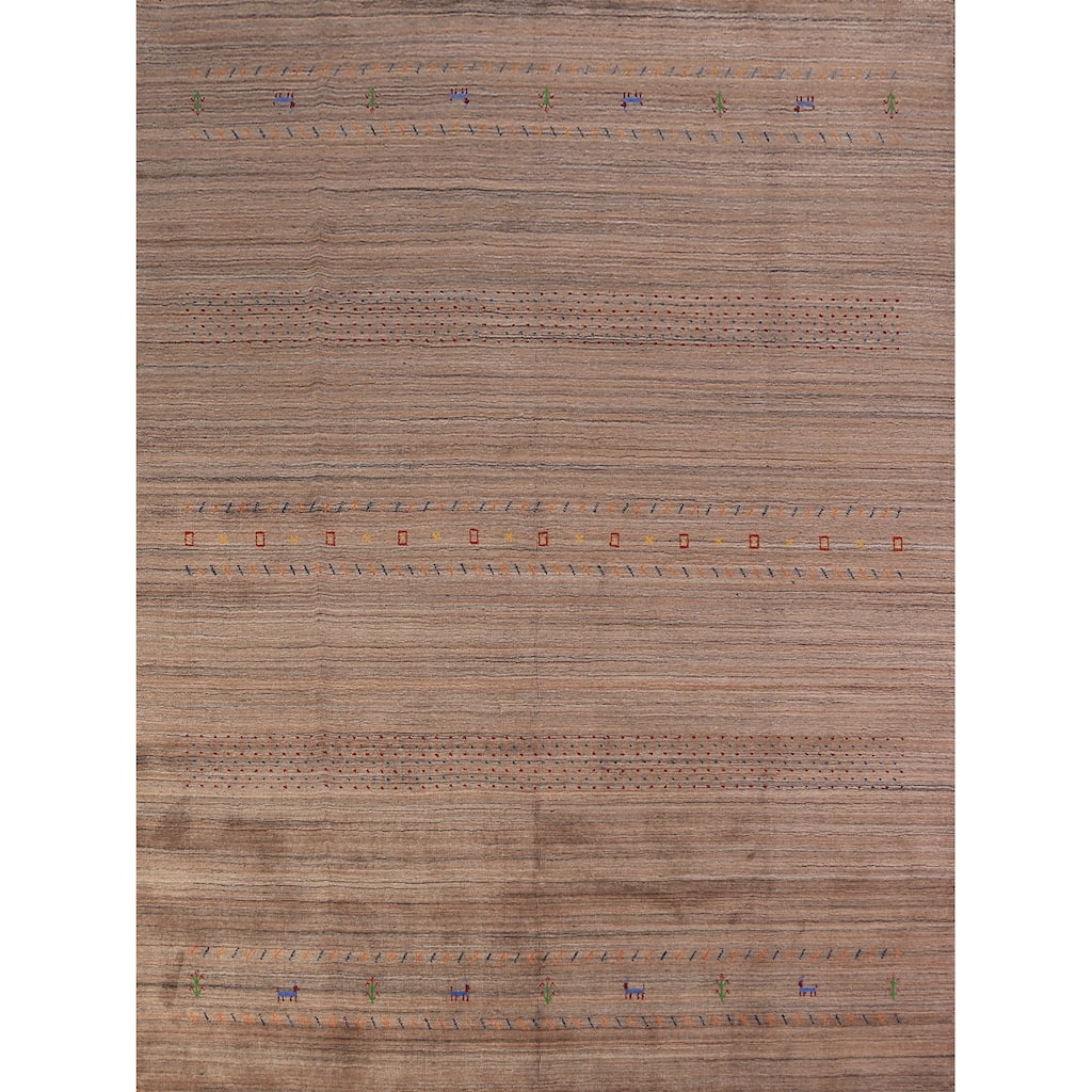 Striped Brown Gabbeh Oriental Area Rug Hand-Knotted Wool Carpet - 8'0" x 9'9"
