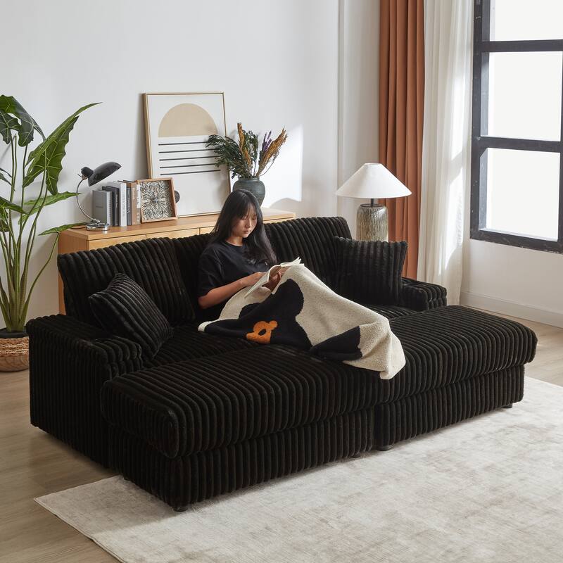 Deep Seat Sectional Loveseat Set with 2 Ottoman and 2 Pillows, Corduroy Chaise Lounge Bed with 2 Storage Spaces and Cupholding