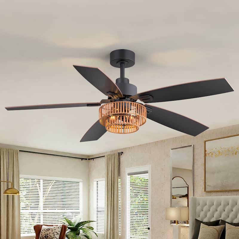 52" Farmhouse Reversible 5-Blade Ceiling Fan with Light and Remote