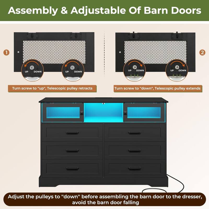 6 Drawers Dresser LED Charging Station Farmhouse Chest of Drawers