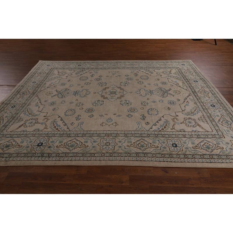 Vegetable Dye Oushak Turkish Rug Floral Hand-Knotted Wool Carpet - 7'8"x 9'10"