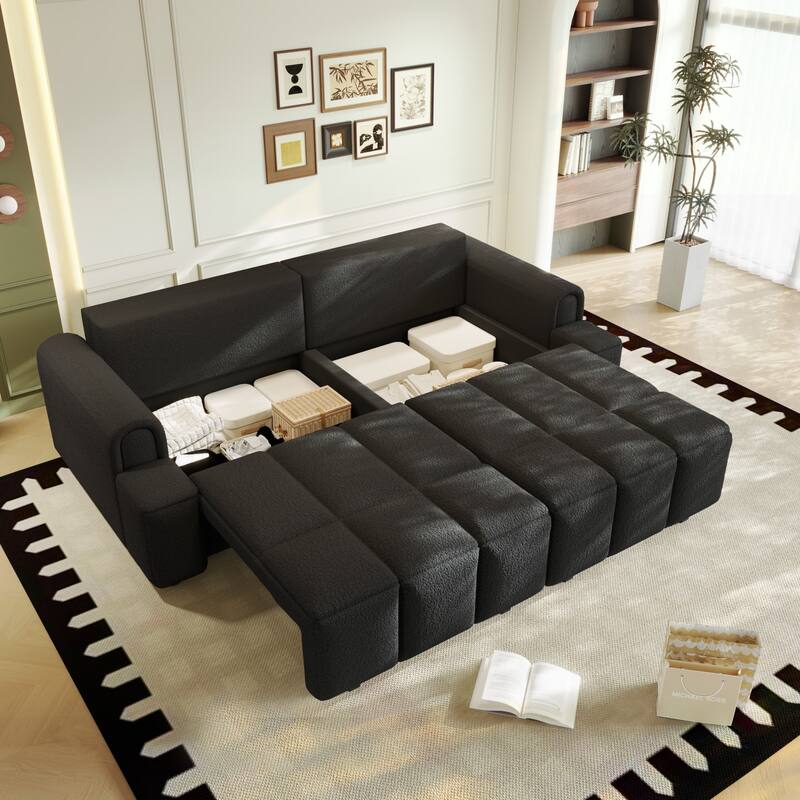 90.2" Convertible 4-Seater Teddy Fabric Sofa with Storage