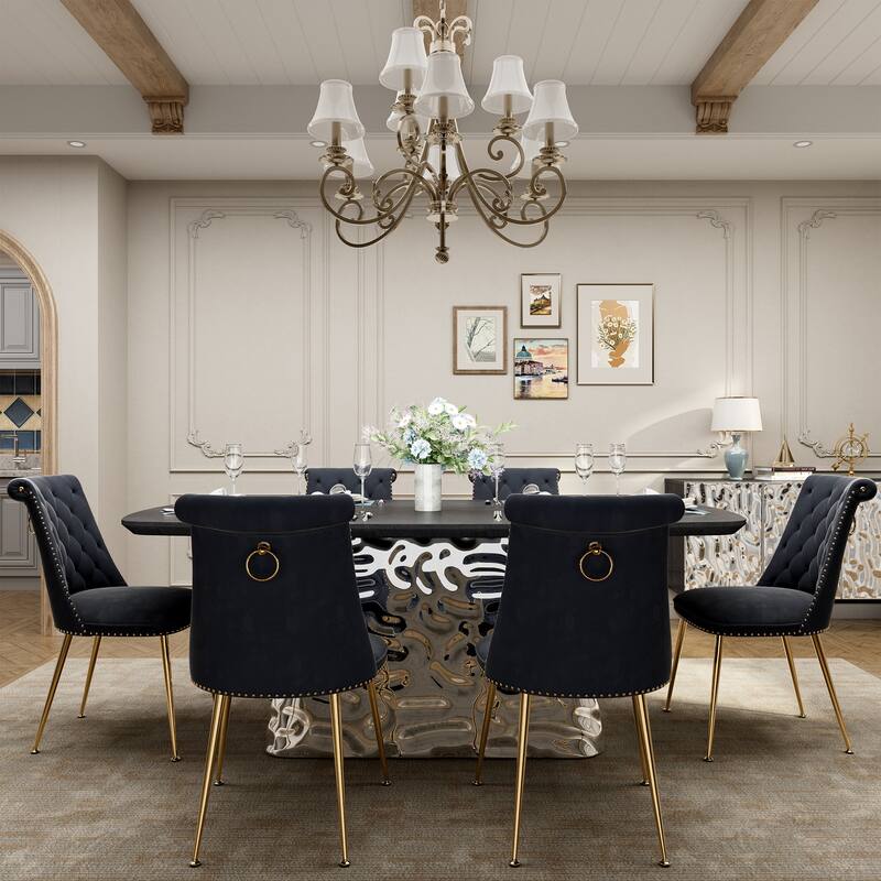 7-Piece Clihome Modern Stainless Steel Table Velvet Chair Dining Set