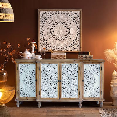 4-Door Hollow-Carved Accent Cabinet, Distressed Wood Storage Cabinet Cupboard with Adjustable Shelves