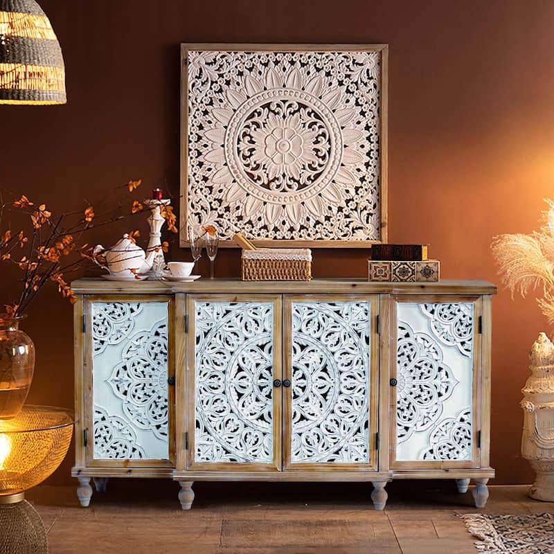 4-Door Hollow-Carved Accent Cabinet, Distressed Wood Storage Cabinet Cupboard with adjustable shelves,unique design - Natural Wood