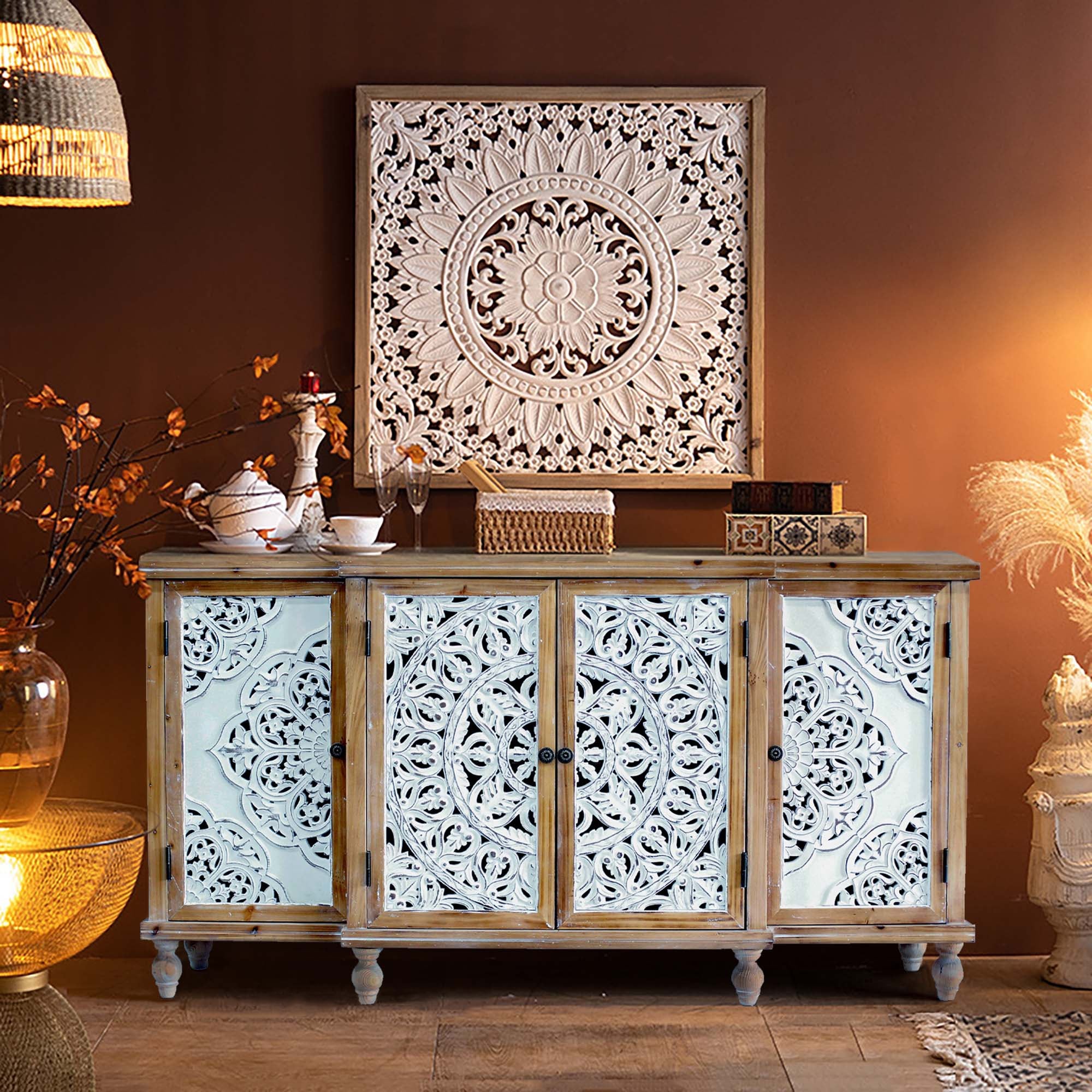 4-Door Hollow-Carved Accent Cabinet, Distressed Wood Storage Cabinet Cupboard with adjustable shelves,unique design