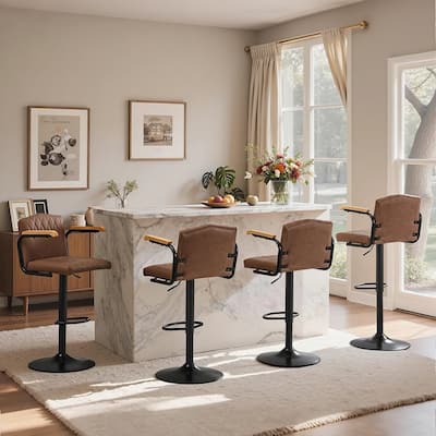 VECELO Bar Stool Set 2/4 Pack Brown PU Leather 360° Swivel Counter Stool with Adjustable Height Black Frame for Home Bar