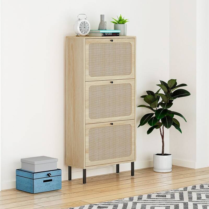 Boho Shoe Cabinet with 3 Rattan Flip Drawers, Free Standing Wood Entryway Shoe Rack, Hallway Shoe Organizer