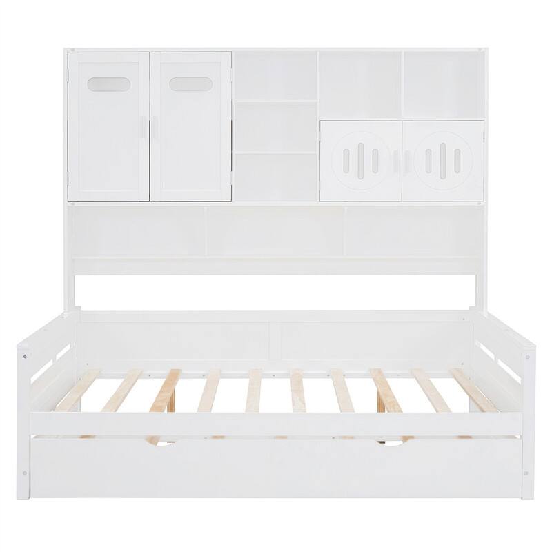 Wooden Daybed with Twin Size Trundle and All-in-One Cabinet, Twin/Full Size Daybed Frame Sofa Bed with Storage Shelves