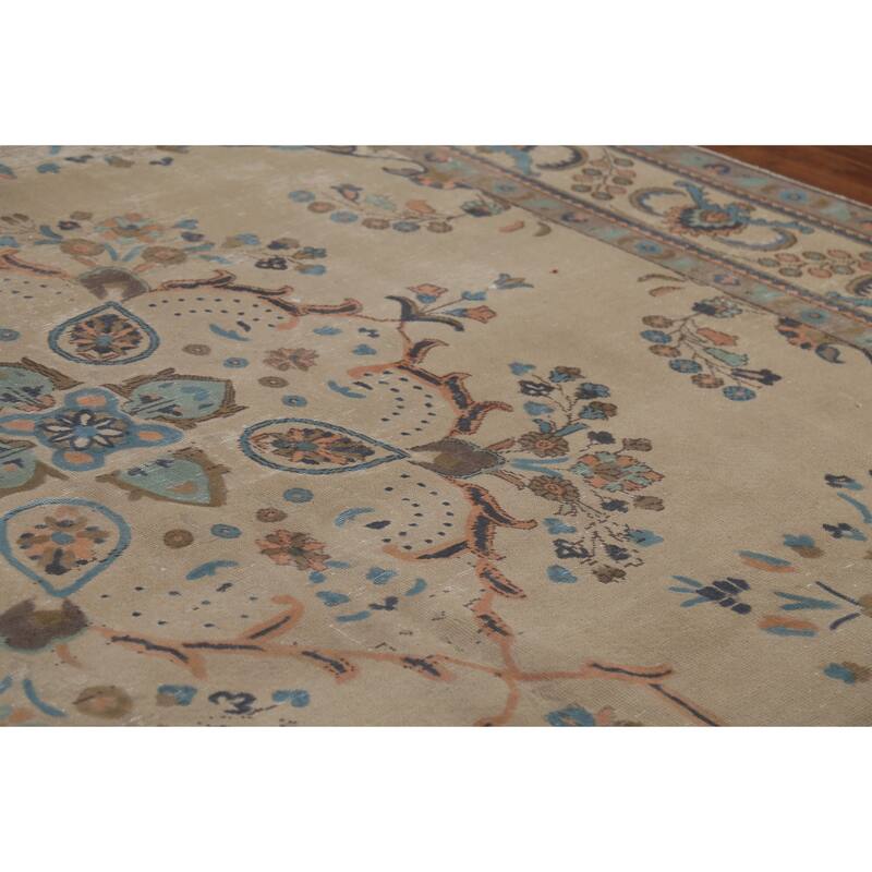 Tabriz Persian Vintage Area Rug Hand-Knotted Beige Wool Carpet - 9'6"x 12'5"