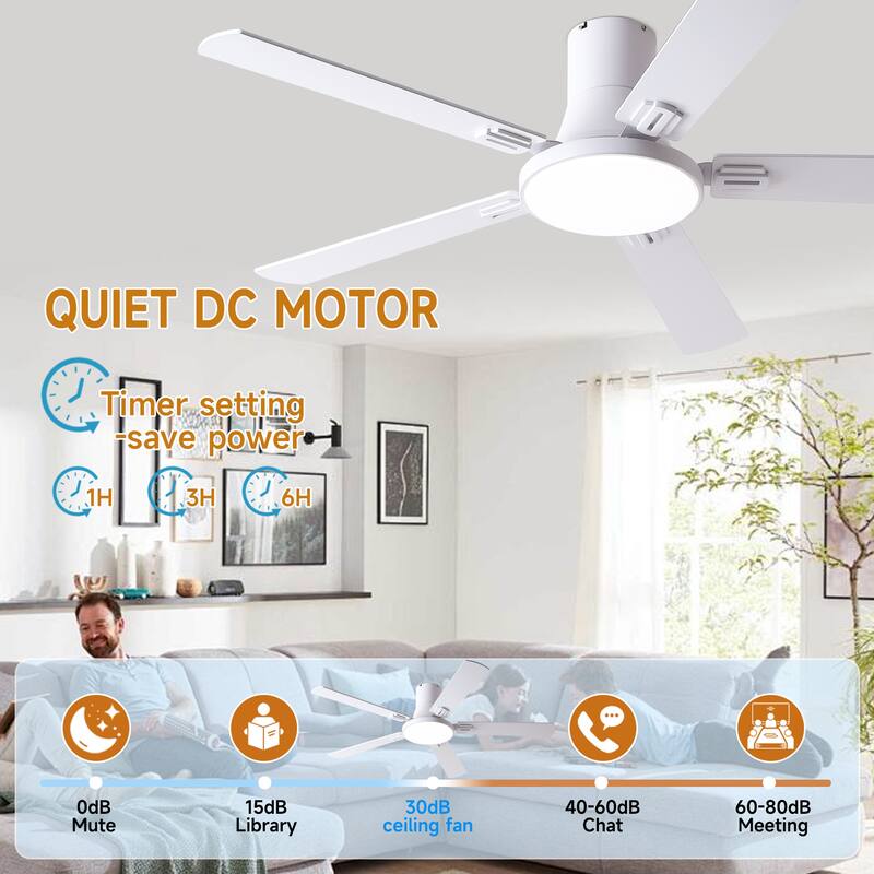 YUHAO AeroLite 48 in. Indoor White Low Profile Standard Ceiling Fan with Bright White Integrated LED Light Kit, Remote Included