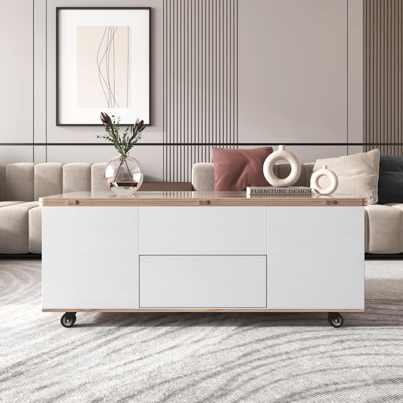 Modern Lift Top Coffee Table with 3 Drawers and Lockable Universal Wheels