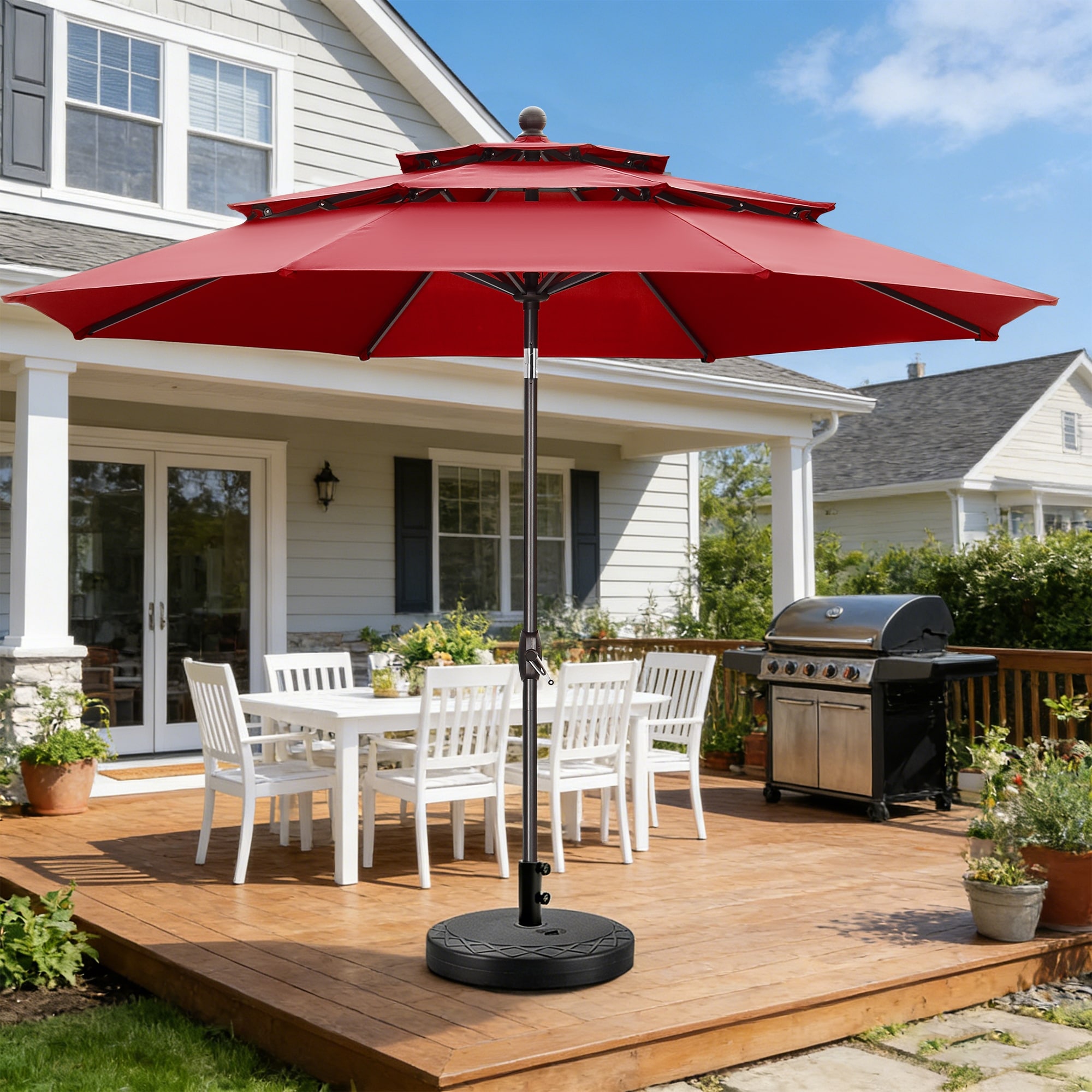 Ainfox 10 ft Patio Umbrella with Base 3 Tiers Outdoor Market Umbrella