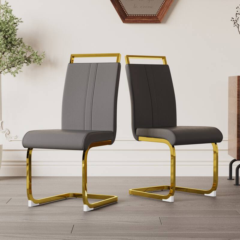 High Back Upholstered Side Chair with C-shaped Tube. Plating Golden Metal Legs (Set of 2) (Grey+PU)